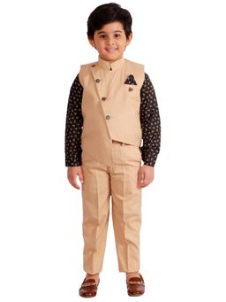 FOURFOLDS - Beige Boys Cotton Blend Printed Shirt with Waistcoat and Trouser