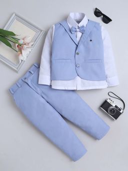 FOURFOLDS - Blue Boys Cotton Blend Solid Waistcoat with Shirt and Trouser with Bow