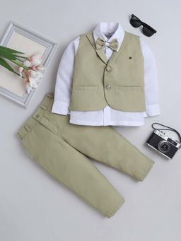 FOURFOLDS - Green Boys Cotton Blend Solid Waistcoat with Shirt and Trouser with Bow