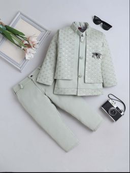 FOURFOLDS - Green Boys Sequins Embellished Embroidered Sherwani with Jacket and Trouser