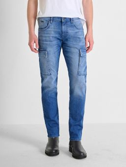 Antony Morato - Mens Blue Washed Mid Rise Comfort Tapered Fit Cargo Jeans
