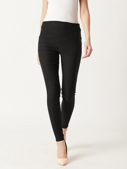 Miss Chase - Black Solid High Waist Skinny Regular Black And White Twill Tape Detailing Jeggings