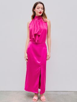 Cider - Pink Satin Stand Collar Bowknot Top and Split Maxi Skirt (Set of 2)