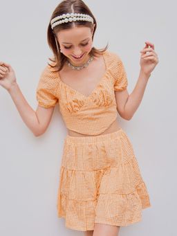 Cider - Orange Sweetheart Backless Puff Sleeve Crop Top and Ruffle Hem Mini Skirt (Set of 2)