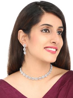 Yellow Chimes - White Silver -toned American Diamond Studded Oval Shaped Jewellery Set