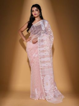 Beatitude - Baby Pink Cotton Silk Jacquard Jamdani Saree with Unstitched Blouse