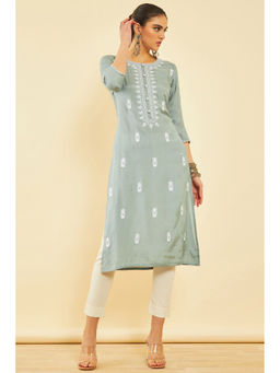 Soch - Womens Powder Blue Cotton Embroidered Kurta with Thread Work