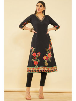 Soch - Womens Black Cotton Floral Print Kurta with Cutdana