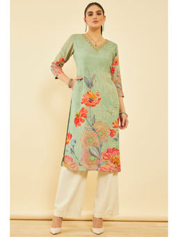 Soch - Womens Sap Green Cotton Floral Print Kurta with Beads & Stones