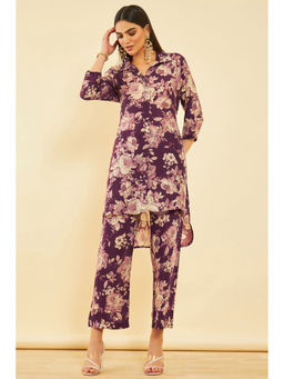 Soch - Womens Purple Rayon Floral Print Co-Ord with Beads (Set of 2)