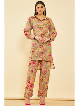 Soch - Womens Olive Rayon Floral Print Co-Ord (Set of 2)