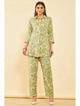 Soch - Womens Sap Green Viscose Muslin Floral Print Co-Ord with Beads & Stones (Set of 2)