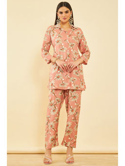 Soch - Womens Peach Viscose Muslin Floral Print Co-Ord with Beads & Stones (Set of 2)
