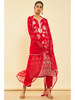 Soch - Womens Red Cotton Floral Print Kurta & Pant with Dupatta Thread Work (Set of 3)