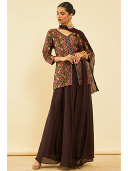 Soch - Womens Brown Brocade Kurti & Palazzo with Dupatta Zardozi Work (Set of 3)