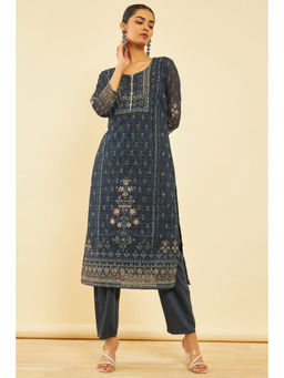 Soch - Womens Navy Blue Georgette Embroidered Kurta with Pant (Set of 2)