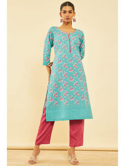 Soch - Womens Turquoise Blue Cotton Blend Embroidered Kurta with Sequins (Set of 2)