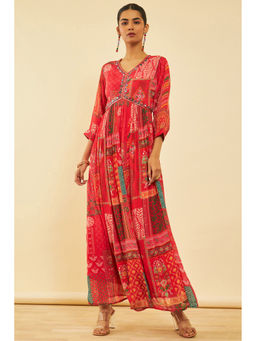 Soch - Womens Pink Viscose Alia Cut Dress with Mirror Work