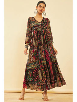 Soch - Womens Black Viscose Printed Alia Cut Dress with Cutdana