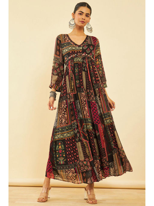 Buy Soch Womens Black Viscose Printed Alia Cut Dress with Cutdana Online