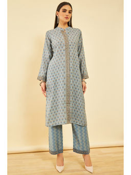 Soch - Womens Blue Cotton Embroidered Kurta & Palazzo with Zari (Set of 2)