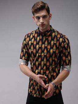 SHOWOFFFF - Men Black Collar Neck Conversational Comfort Fit Shirt