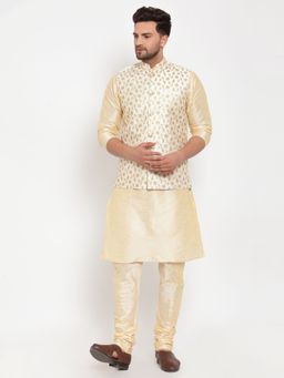 Kraft India - Men Dupion Silk Beige Kurta with Churidar Cream Embroidered Nehru Jacket (Set of 3)