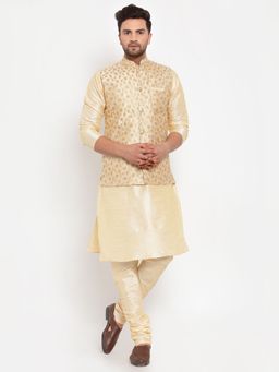 Kraft India - Men Dupion Silk Beige Kurta with Churidar & Embroidered Nehru Jacket (Set of 3)