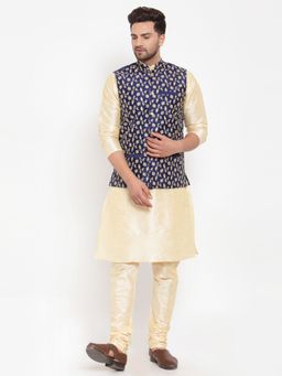 Kraft India - Dupion Silk Beige Kurta with Churidar Navy Blue Embroidered Nehru Jacket (Set of 3)