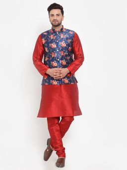 Kraft India - Men Dupion Silk Red Kurta with Churidar & Blue Printed Nehru Jacket (Set of 3)