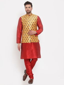 Kraft India - Men Dupion Silk Red Kurta with Churidar & Yellow Printed Nehru Jacket (Set of 3)