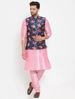Kraft India - Men Dupion Silk Pink Kurta with Churidar & Yellow Printed Nehru Jacket (Set of 3)