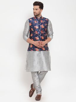 Kraft India - Men Dupion Silk Grey Kurta with Churidar & Blue Printed Nehru Jacket (Set of 3)