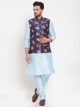 Kraft India - Men Dupion Silk Turquoise Blue Kurta with Churidar Printed Nehru Jacket (Set of 3)