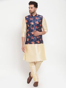 Kraft India - Men Dupion Silk Beige Kurta with Churidar & Blue Printed Nehru Jacket (Set of 3)