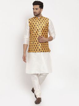 Kraft India - Men Dupion Silk Cream Kurta with Churidar & Yellow Printed Nehru Jacket (Set of 3)