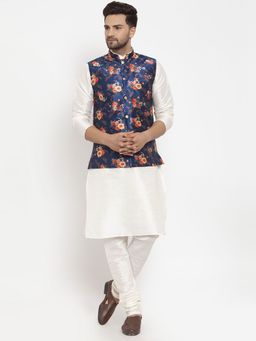 Kraft India - Men Dupion Silk Cream Kurta with Churidar & Blue Printed Nehru Jacket (Set of 3)