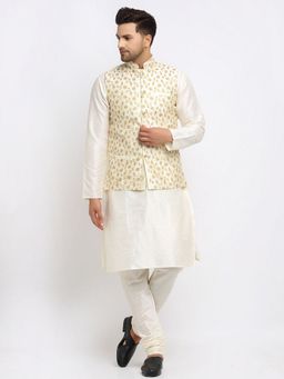 Kraft India - Men Dupion Silk Cream Kurta with Churidar & Embroidered Nehru Jacket (Set of 3)