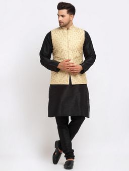 Kraft India - Men Dupion Silk Black Kurta with Churidar Beige Embroidered Nehru Jacket (Set of 3)