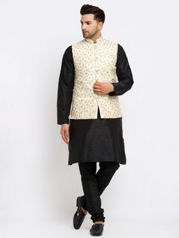 Kraft India - Men Dupion Silk Black Kurta with Churidar Cream Embroidered Nehru Jacket (Set of 3)