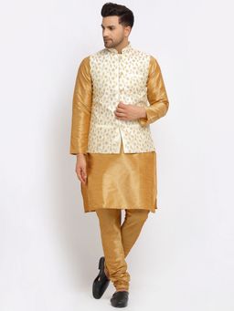 Kraft India - Men Dupion Silk Brown Kurta with Churidar Cream Embroidered Nehru Jacket (Set of 3)