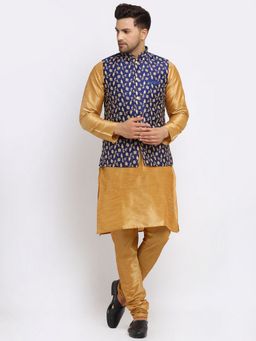 Kraft India - Dupion Silk Brown Kurta with Churidar Navy Blue Embroidered Nehru Jacket (Set of 3)