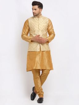Kraft India - Men Dupion Silk Brown Kurta with Churidar Beige Embroidered Nehru Jacket (Set of 3)