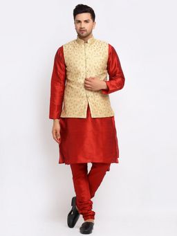 Kraft India - Dupion Silk Red Kurta with Churidar Beige Embroidered Nehru Jacket (Set of 3)