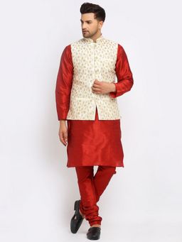 Kraft India - Dupion Silk Red Kurta with Churidar Cream Embroidered Nehru Jacket (Set of 3)