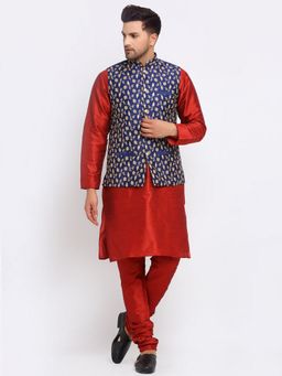 Kraft India - Dupion Silk Red Kurta Churidar Navy Blue Embroidered Nehru Jacket (Set of 3)