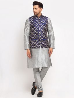 Kraft India - Dupion Silk Grey Kurta Churidar Navy Blue Embroidered Nehru Jacket (Set of 3)