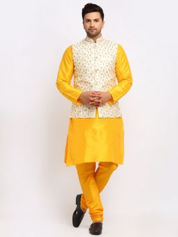 Kraft India - Dupion Silk Mustard Kurta with Churidar Cream Embroidered Nehru Jacket (Set of 3)