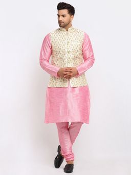 Kraft India - Men Dupion Silk Pink Kurta with Churidar Cream Embroidered Nehru Jacket (Set of 3)