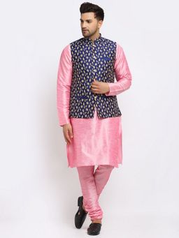 Kraft India - Dupion Silk Pink Kurta with Churidar Navy Blue Embroidered Nehru Jacket (Set of 3)